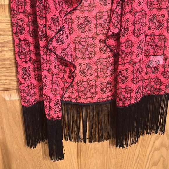 Lularoe red and black sheer kimono style with cascade front and fringe b… - Picture 5 of 8